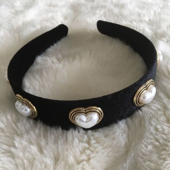 Black Velvet Pearl Heart Thick Headband- NWT - Picture 4 of 4